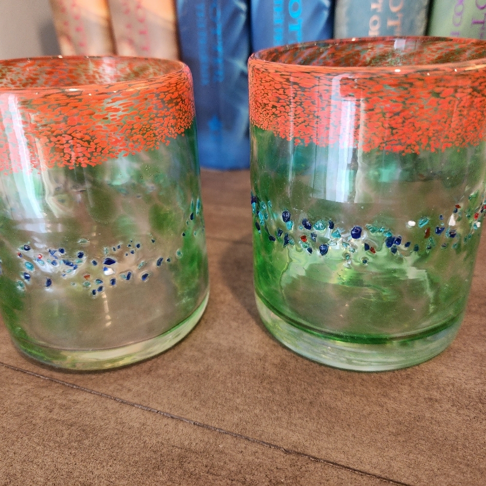 Handmade and Hand Blown Art Glass Lowball colorful set of 2 glasses.